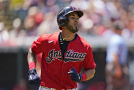 Cleveland Indians' Eddie Rosario runs the bases after hitting a solo home run in the third inning of a baseball game against the Baltimore Orioles, Thursday, June 17, 2021, in Cleveland. (AP Photo/Tony Dejak)