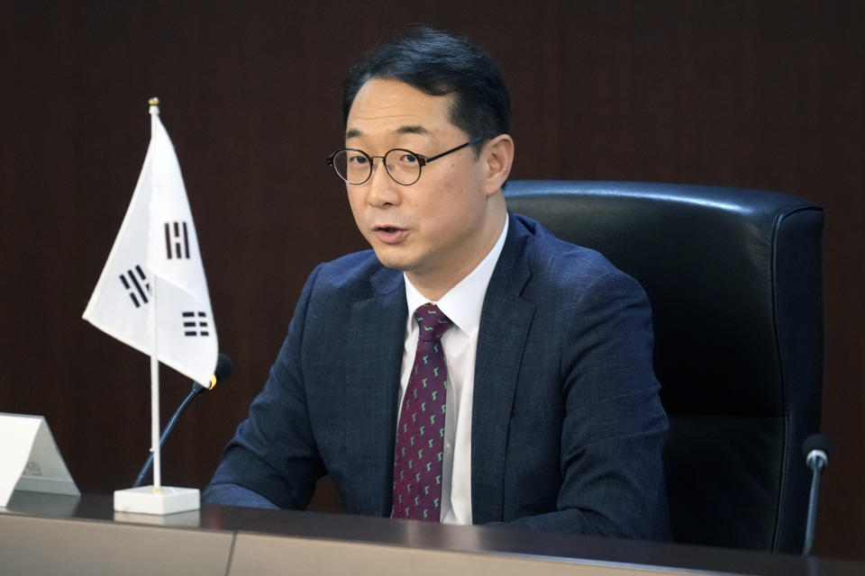 South Korea Special Representative for Korean Peninsula Peace and Security Affairs Kim Gunn speaks during a trilateral meeting on North Korea at the Foreign Ministry Wednesday, Sept. 7, 2022, in Tokyo. (AP Photo/Eugene Hoshiko)