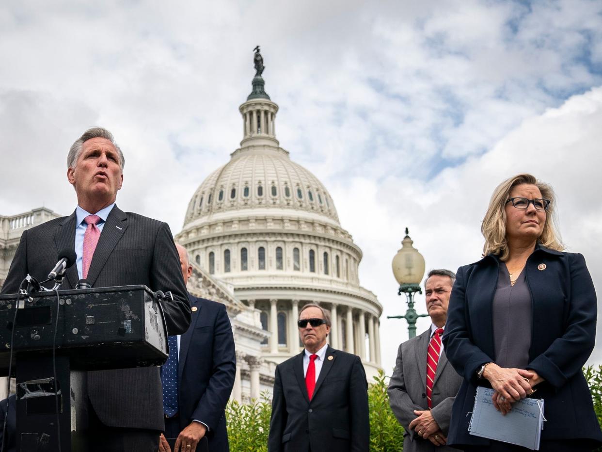 McCarthy and Republican Rep. Liz Cheney of Wyoming at a press conference touting their lawsuit against Pelosi over proxy voting on May 27, 2020.