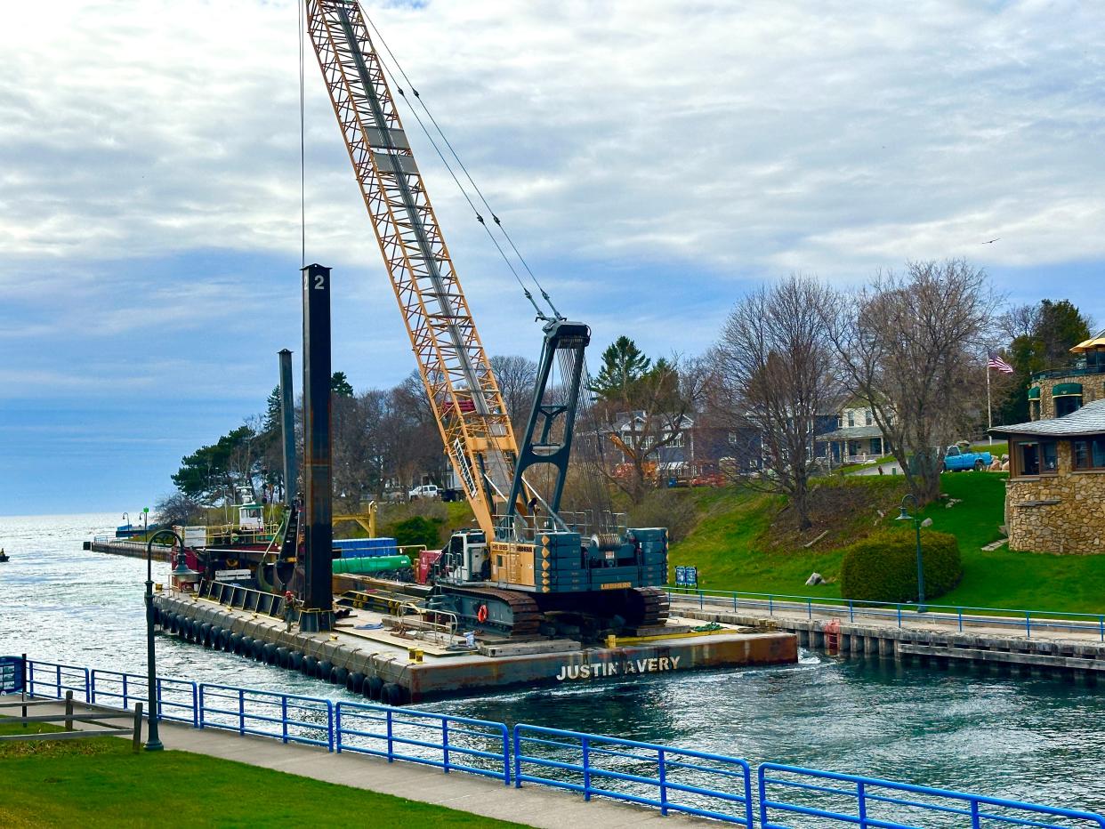 The Justin Avery reenters the Pine River Channel on April 19 as part of the ongoing Charlevoix Harbor dredging project.