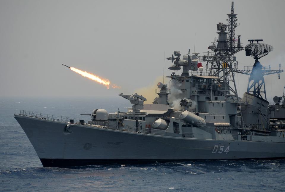 File: A rocket is fired from the Indian Navy destroyer ship INS Ranvir during an exercise drill in the Bay Of Bengal (AFP via Getty Images)