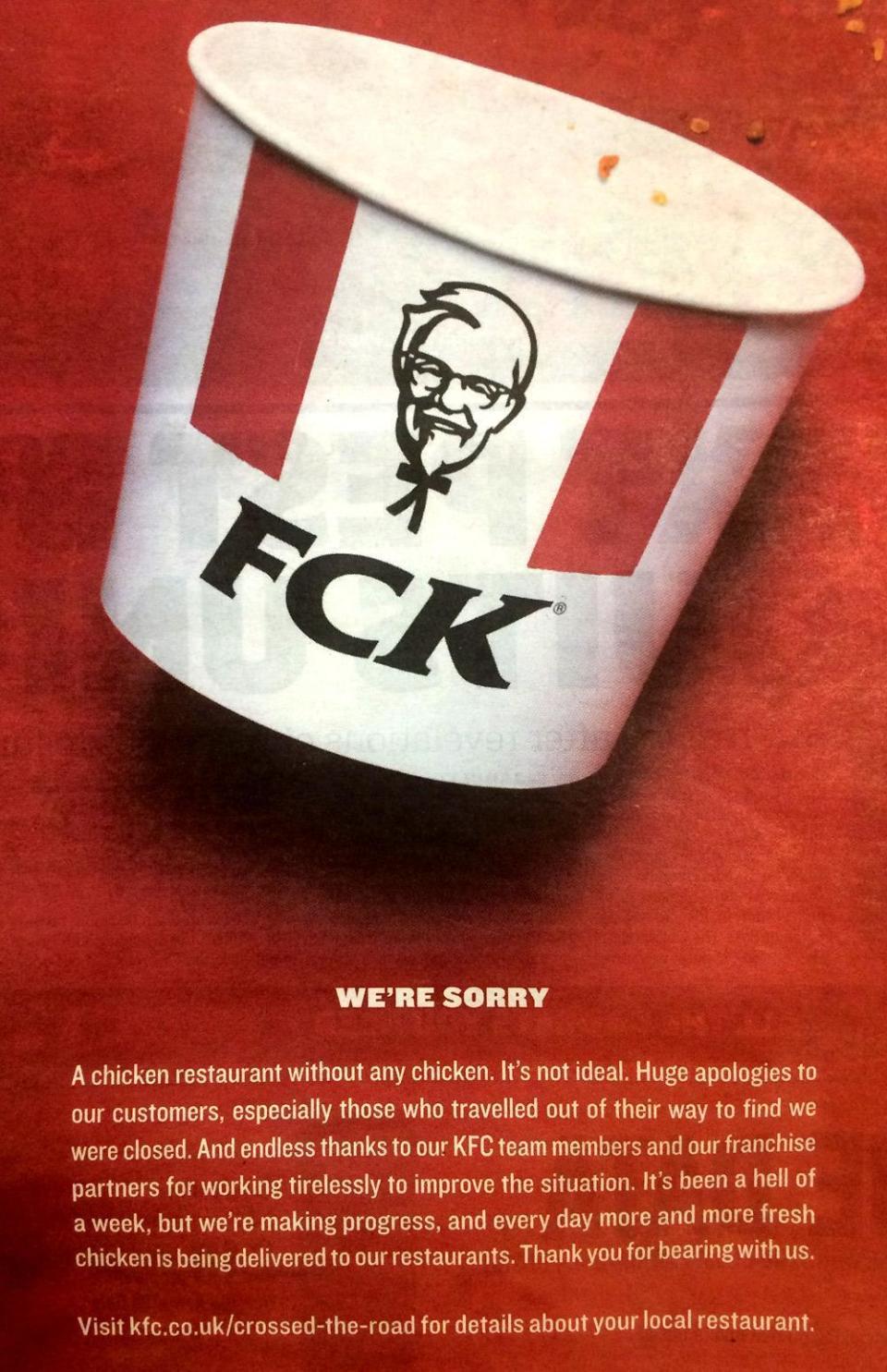 KFC took out a full page newspaper ad to apologise