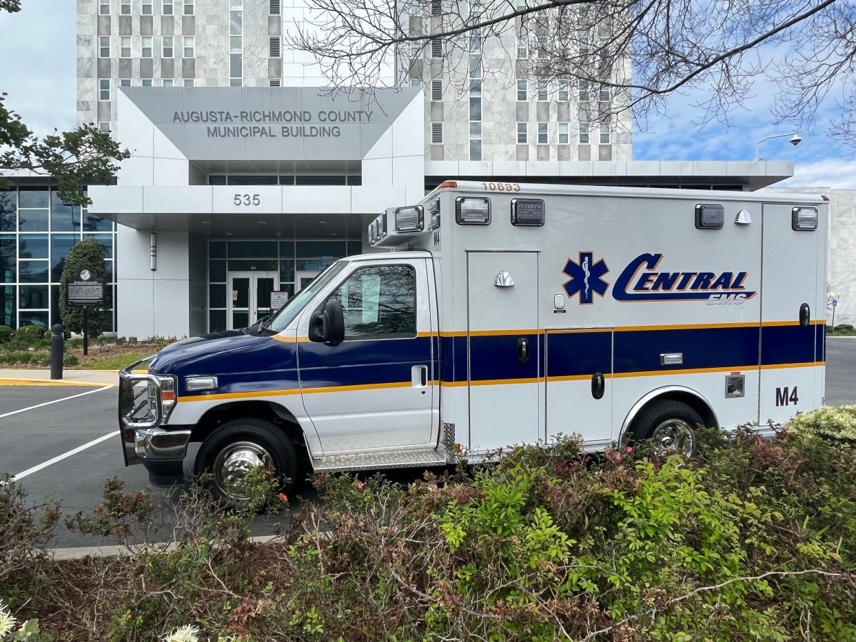 A Central EMS ambulance sits outside the Augusta-Richmond County Municipal Building on March 9.