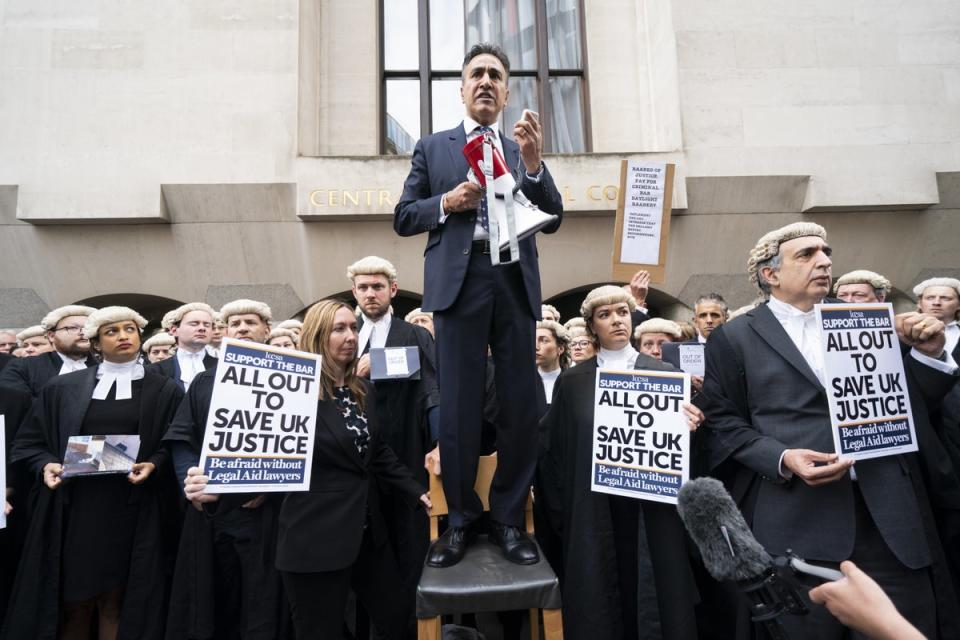 Criminal Bar Association chair Jo Sidhu speaks outside the Old Bailey as criminal barristers take part in the first of several days of court walkouts (Kirsty O’Connor/PA) (PA Wire)