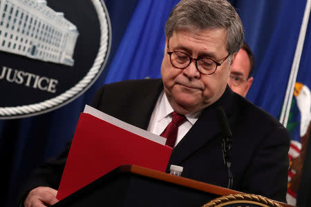 U.S. Attorney General William Barr departs after speaking at a news conference to discuss Special Counsel Robert Mueller's report on Russian interference in the 2016 U.S. presidential race, in Washington, U.S., April 18, 2019. REUTERS/Jonathan Ernst