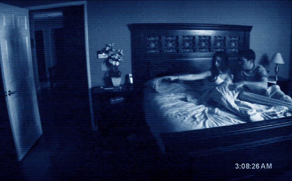 A couple in bed on a grainy nightvision camera