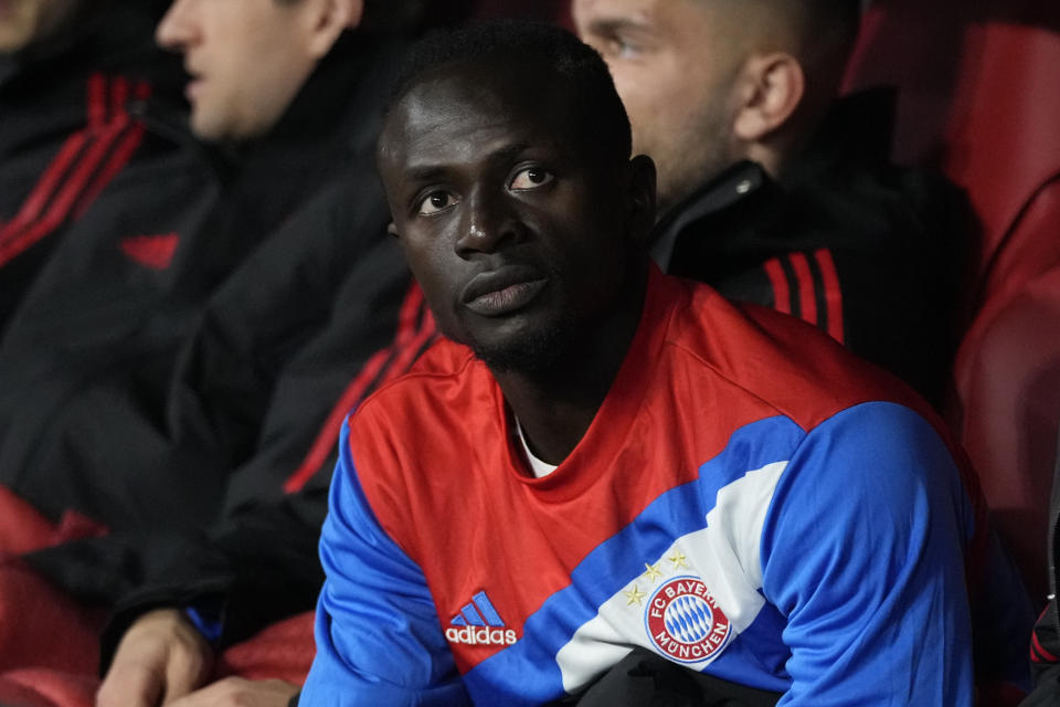 FILE - Bayern's Sadio Mane sits on the bench before their Champions League soccer match against Manchester City, at the Allianz Arena stadium in Munich, Germany, Wednesday, April 19, 2023. Mane is leaving Bayern Munich to team up with Cristiano Ronaldo at Al-Nassr. He's the latest world soccer star opting to play in Saudi Arabia. Bayern confirmed Mane’s departure on Tuesday, Aug. 1. (AP Photo/Matthias Schrader, file)