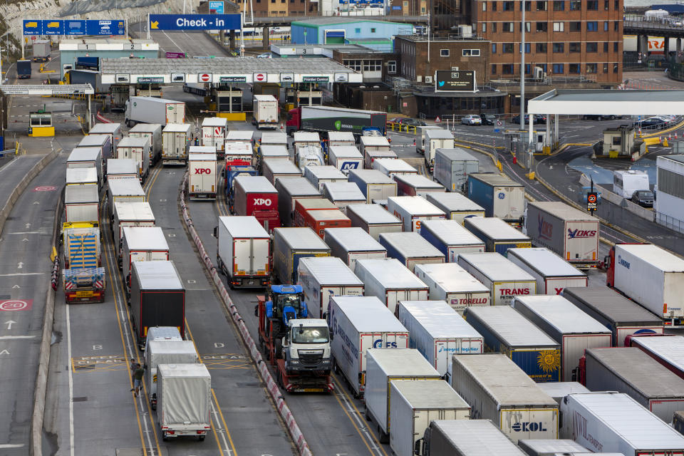 Lorries line up at Frontier control barriers for departure inside the Eastern Dock of the Port of Dover is where the cross channel port is situated with ferries departing here to go to Calais in France on the 29th of September 2020, Dover, Kent, United Kingdom. Dover is the nearest port to France with just 34 kilometres (21 miles) between them. It is one of the busiest ports in the world. As well as freight container ships it is also the main port for P&O and DFDS Seaways ferries.  (photo by Andrew Aitchison / In pictures via Getty Images)