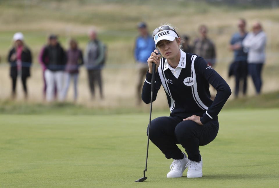 United States' Nelly Korda waits on the 4th green to putt during the second round of the Women's British Open golf championship, in Carnoustie, Scotland, Friday, Aug. 20, 2021. (AP Photo/Scott Heppell)