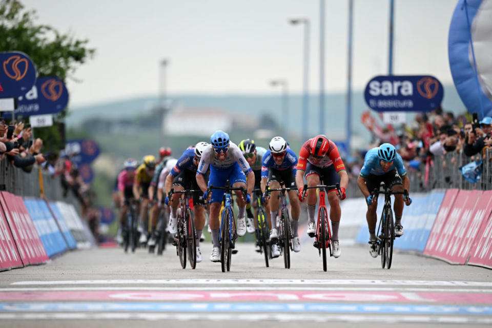 MELFI ITALY  MAY 08 LR Michael Matthews of Australia and Team Jayco AlUla and Mads Pedersen of Denmark and Team Trek  Segafredo sprint at finish line during the 106th Giro dItalia 2023 Stage 3 a 213km stage from Vasto to Melfi 532m  UCIWT  on May 08 2023 in Melfi Italy Photo by Stuart FranklinGetty Images