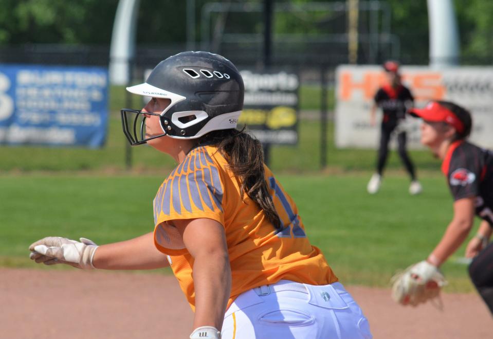 Hamilton's Kianna Vork takes a lead off the base against Allendale.