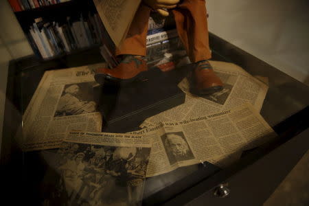 An exhibit is seen at the Hebrew University's Albert Einstein Archive during a news conference where original documents related to Albert Einstein's hypothesis of the existence of gravitational waves were displayed in Jerusalem February 11, 2016. REUTERS/Ronen Zvulun