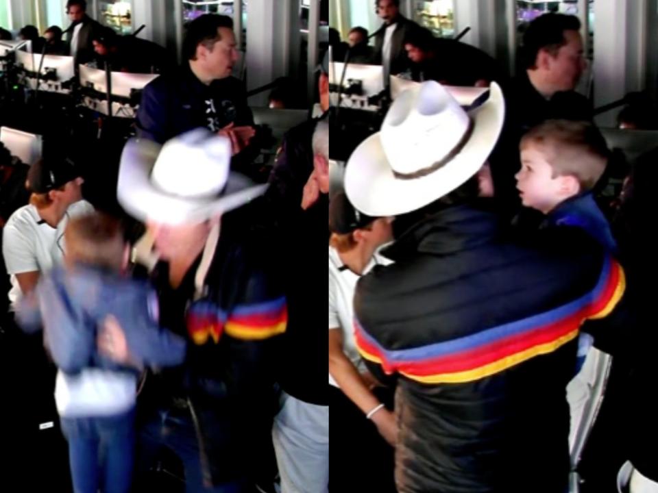 side by side images show kimbal musk picking up and holding a child in spacex starship control room