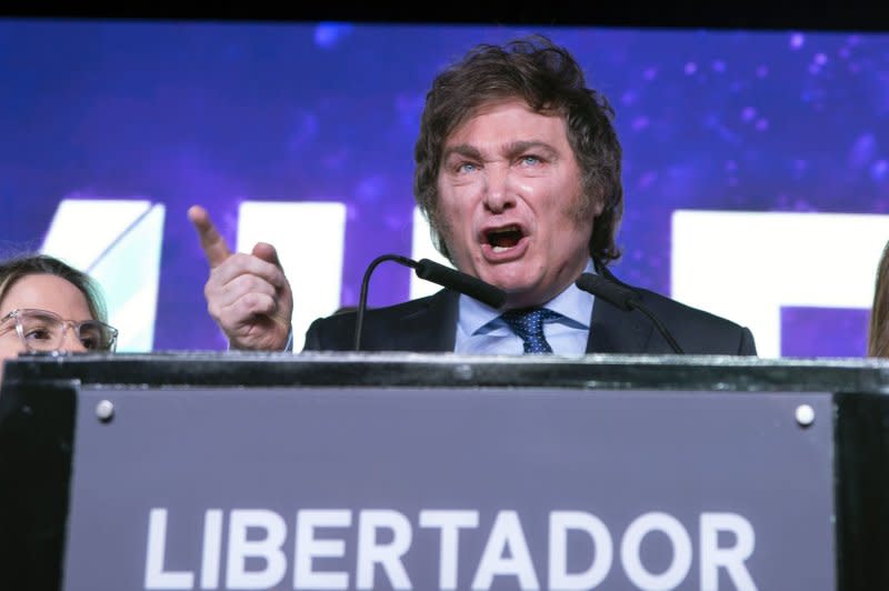Far-right economist Javier Milei speaks during a rally following the results of the primaries, in Buenos Aires, Argentina, on Monday. Photo by Gala Abramovich/EPA-EFE