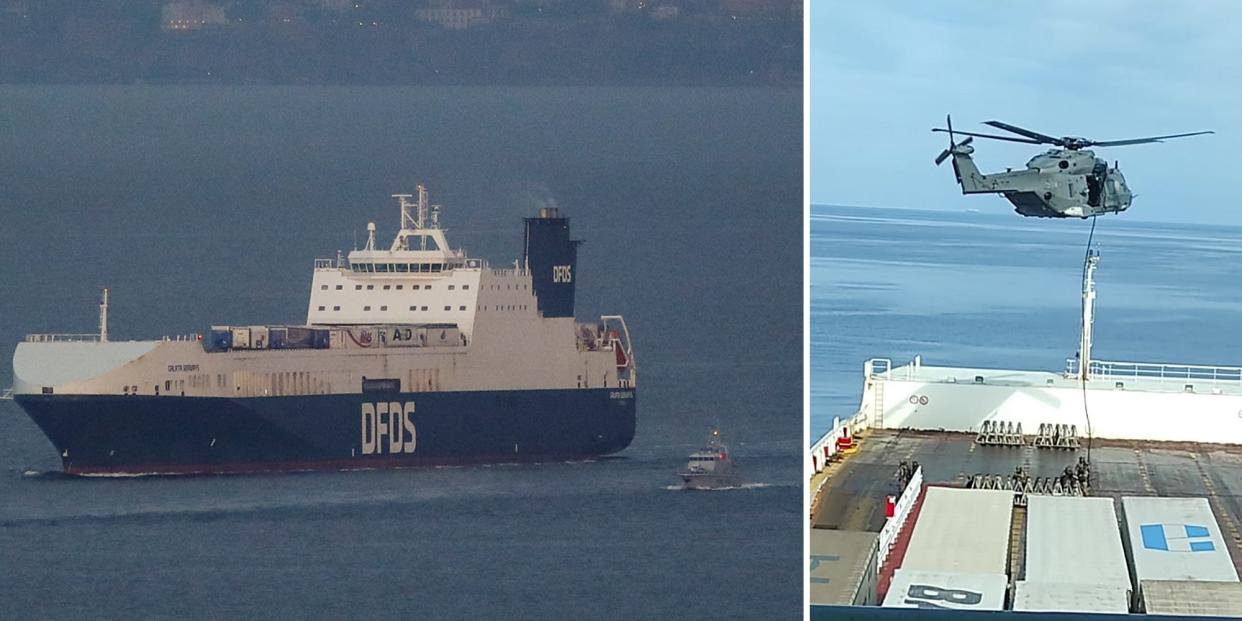 A composite photo showing the Galata Seaways from a distance (left) and an image of helicopter-borne soldiers boarding it (right) in June 2023.