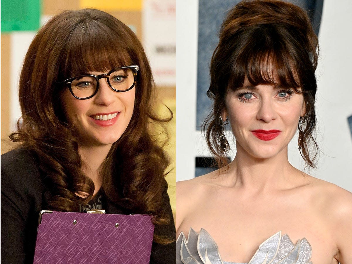 Zooey Deschanel on "New Girl"; Zooey Deschanel at event in 2023