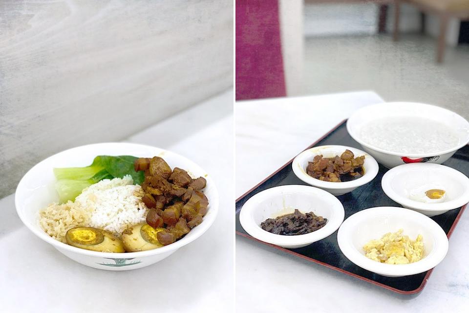'Lǔròu fàn' ​​​​​​​or braised pork rice (left) and Teochew porridge (right).