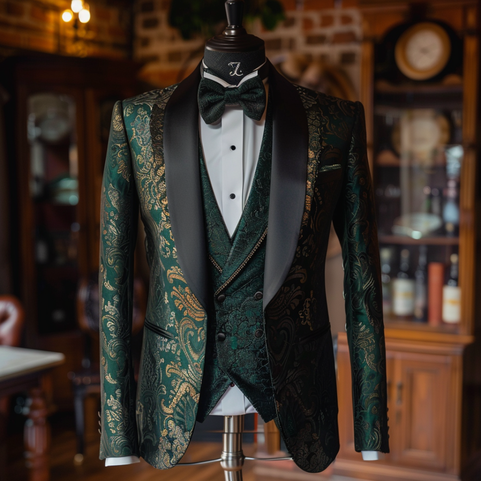 Mannequin displaying a black and green patterned tuxedo with a bow tie