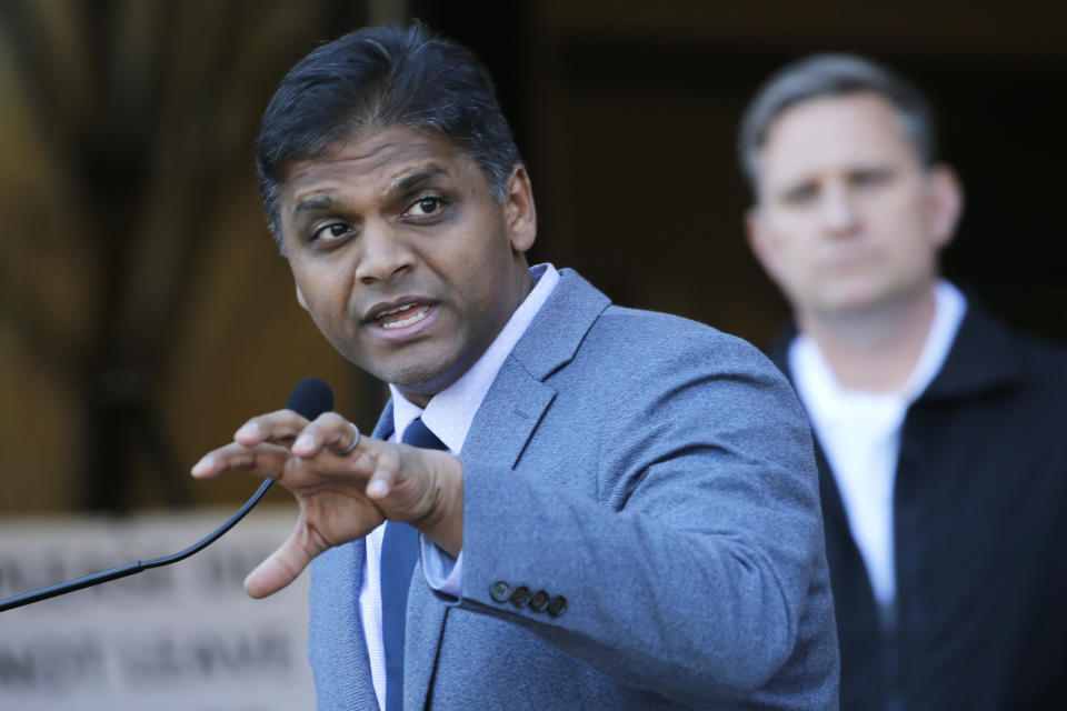 FILE - This April 2, 2020 file photo shows Henrico County Health Districts Director Dr. Danny Avula, as he gestures during a news conference at the Government Center in Richmond, Va. Health officials have an unsteady partner as they try to get more people vaccinated against COVID-19 in the Bible Belt: churches and pastors. Some preachers are praying for more inoculations and hosting vaccination clinics. Others are skirting the topic of vaccines or openly preaching against them in a region that's both deeply religious and reeling from a spike in cases. (AP Photo/Steve Helber,File)