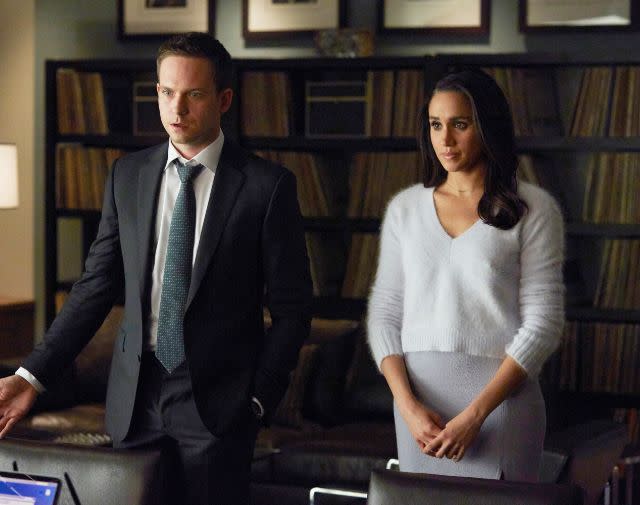 SUITS, (from left): Patrick J. Adams, Meghan Markle. photo: Shane Mahood / ©USA Network / Courtesy: Everett Collection.