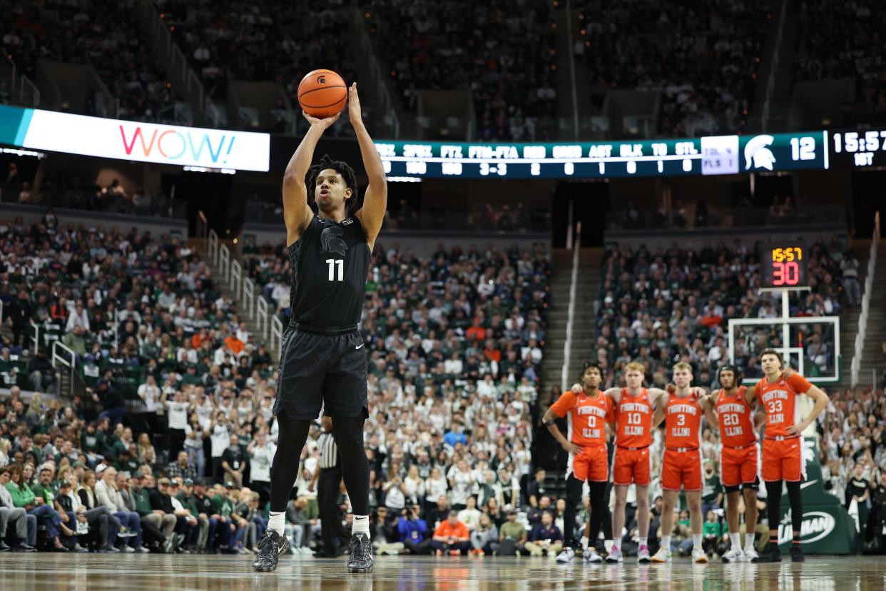 Michigan State's A.J. Hoggard shoots a free throw during the first half vs. Illinois at Breslin Center on Feb. 10, 2024 in East Lansing.