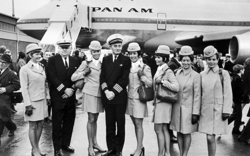 The crew of the first commercial Boeing 747 flight from New York to London for Pan American, 1970