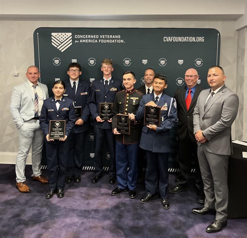 Four Abilene JROTC cadets were awarded the SSgt. Jeremy D. Smith Exemplary Service Award by the Concerned Veterans for America Foundation in Washington, D.C. April 12, 2024. Individuals in the photo are listed left to right: JROTC Instructor Rogelio DeLeon, SGM Ret. USMC, Cadet Arianna Nájera, Cadet Joshua Raymond Barajas Rios, Cadet Trevor Martin, Cadet Timothy Gonzalez, JROTC Instructor Robert Davidson II, LT Col (ret) USAF, Cadet Jayvee Bautista, JROTC Instructor Ron Deos MSgt Ret. USAF, JROTC Instructor Edgar Ramirez, 1SG Ret. USMC.