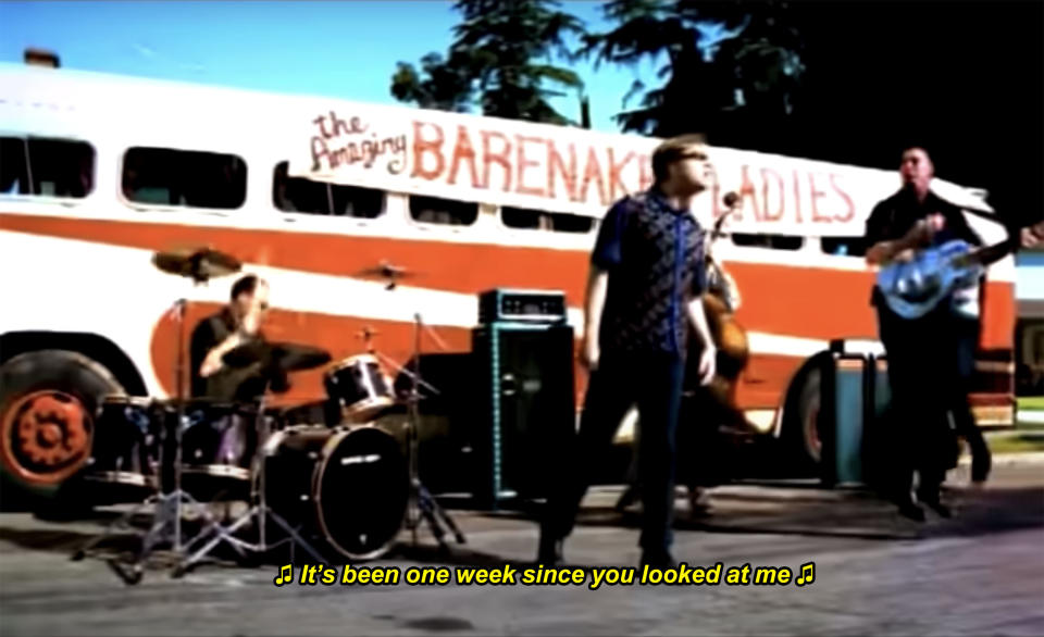 The Barenaked Ladies perform "One Week" in the music video for the song
