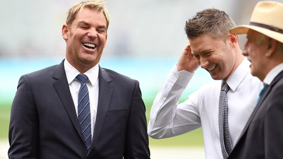 Shane Warne shares a laugh with Michael Clarke and Ian Chappell.