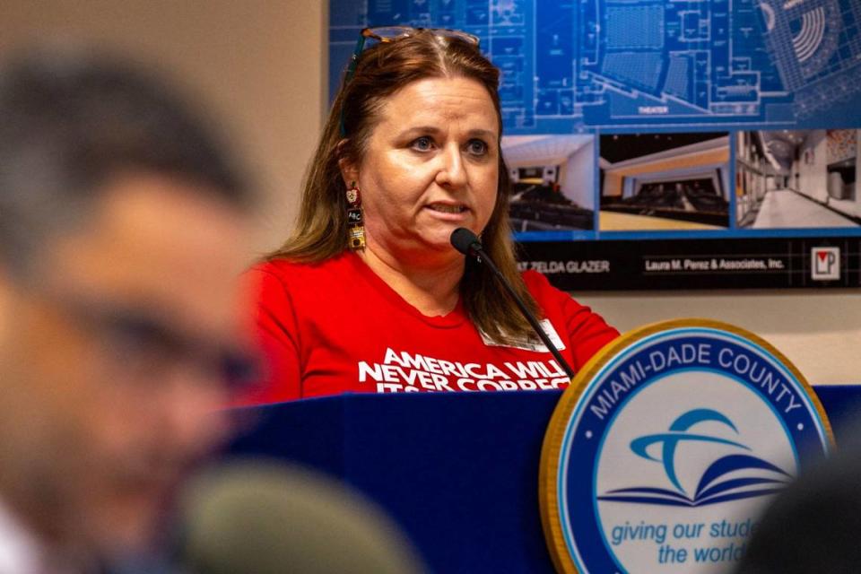 Crystal Etienne, a teacher at West Homestead K-8 Center, a Miami-Dade public school, speaks during a School Board meeting discussing the adoption of new social studies instructional materials, Sept. 27, 2023. She is the founder of Power of Knowledge, which is against book bans in schools.
