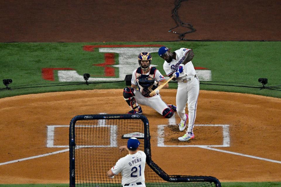 Adolis Garcia of the Texas Rangers bats during the MLB Game Home Run Derby, July 15, 2024, in Arlington, Texas.