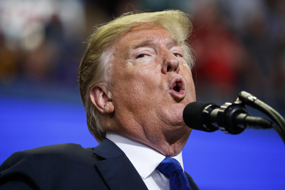 President Donald Trump at a campaign rally in Southaven, Miss. on Oct. 2, 2018, (AP Photo/Evan Vucci)