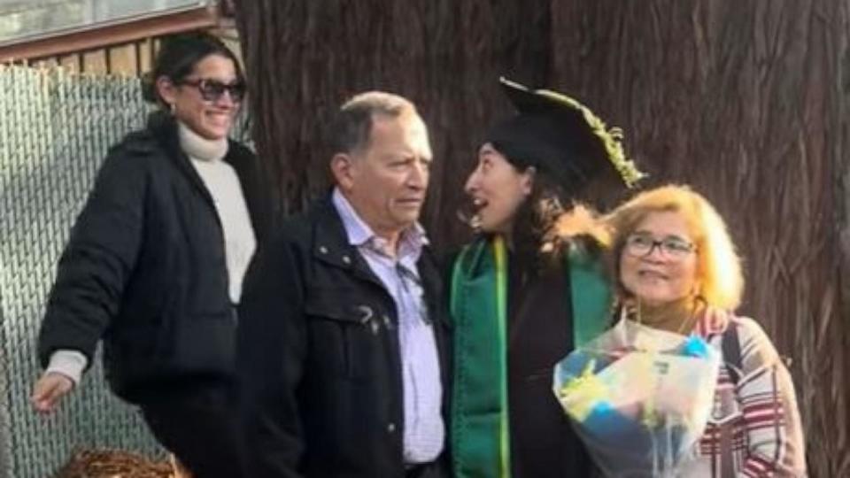 PHOTO: Andrea Celeste McCarthy flew from the U.K. to California to surprise her sister at her graduation. (Andrea Celeste McCarthy via Storyful)