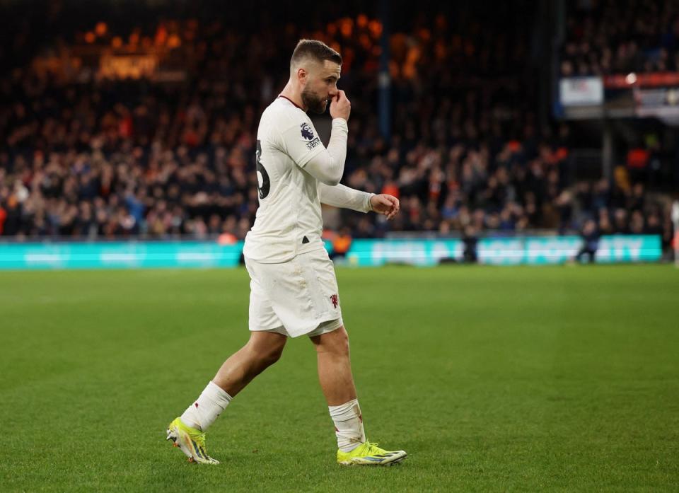 Luke Shaw was forced off against Luton and has not been involved since (REUTERS)