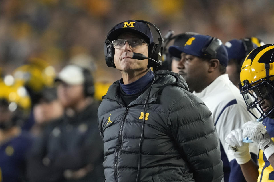 Michigan head coach Jim Harbaugh watches against Purdue in the first half of an NCAA college football game in Ann Arbor, Mich., Saturday, Nov. 4, 2023. (AP Photo/Paul Sancya)