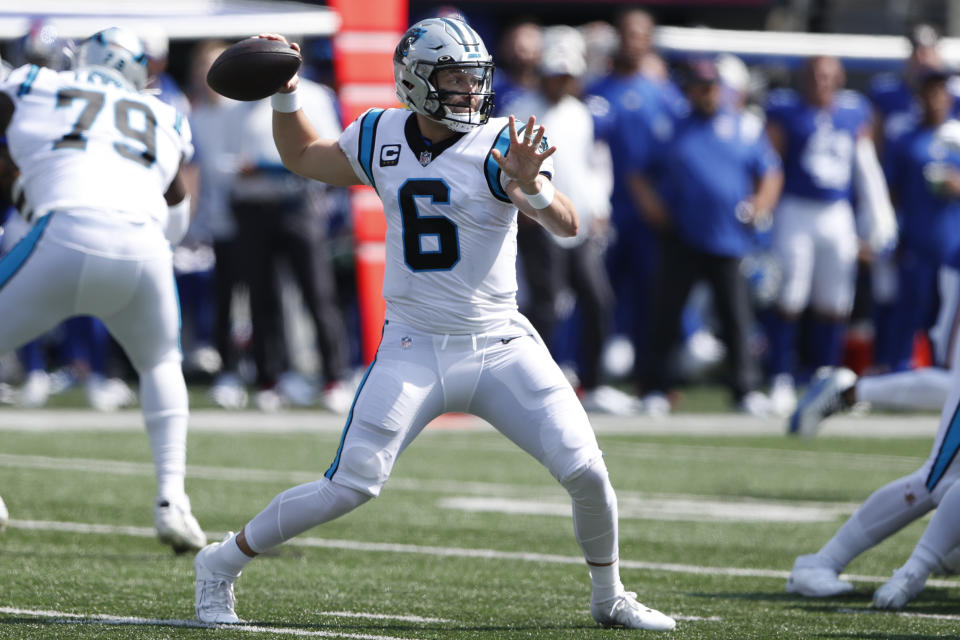 Carolina Panthers quarterback Baker Mayfield throws during the first half an NFL football game against the New York Giants, Sunday, Sept. 18, 2022, in East Rutherford, N.J. (AP Photo/Noah K. Murray)