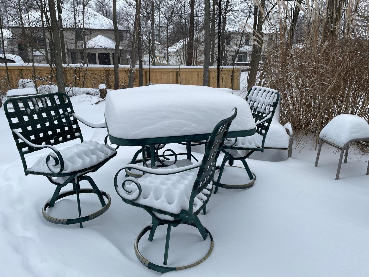 A cliché photo of snow from the recent snowstorm that fell in the backyard of reporter Craig Webb's Medina home.