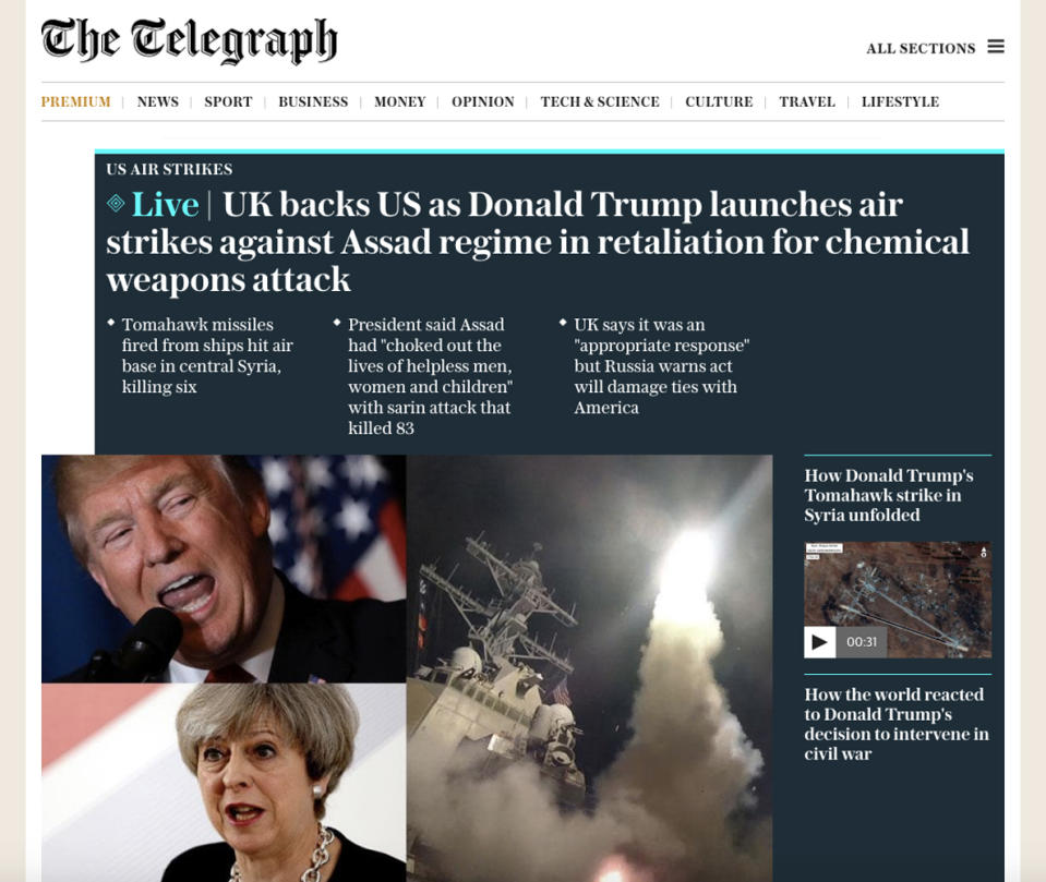 World response in headlines to U.S. Syria Strikes: The Telegraph