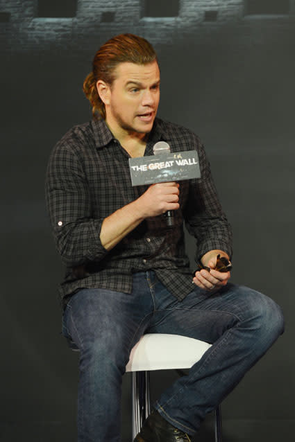 Hey Matt Damon! Chris Hemsworth called, and he wants his <em>Thor</em> hairstyle back. The 44-year-old Oscar winner debuted his ponytail on Thursday when he stepped out in Beijing, China for a press conference about his film <em> The Great Wall</em>. (Let us also point out that he's holding the biggest mic flag of all time.) <strong> WATCH: Why Oprah Loves Wearing Ponytails </strong> Getty Images While we're used to seeing Damon clean cut, and even sometimes buzzed cut, he's really pulling off the ponytail! Damon also seems to be digging the new 'do, given the high spirits he was in at the event. Maybe he can suggest this look as the perfect post-breakup hairstyle for his best friend, Ben Affleck? Getty Images It's still unclear if the <em>Good Will Hunting</em> star grew out his hair for a role, or if he just wants to fit in with the surfers this summer. <strong> PHOTOS: Biggest Celebrity Hair Transformations </strong> As for <em>The Great Wall</em> -- also starring Andy Lau, Jing Tian and Pedro Pascal, and directed by Zhang Yimou -- the film is about the mystery centered around the construction of the Great Wall of China. The thriller doesn't hit theaters in the U.S. until Nov. 2016. <strong> What do you think of Damon's ponytail? Hit or miss? </strong> While the A-list actor is trying out this long-haired look, Ariana Grande is considering ditching her signature ponytail. See how her fans are reacting: