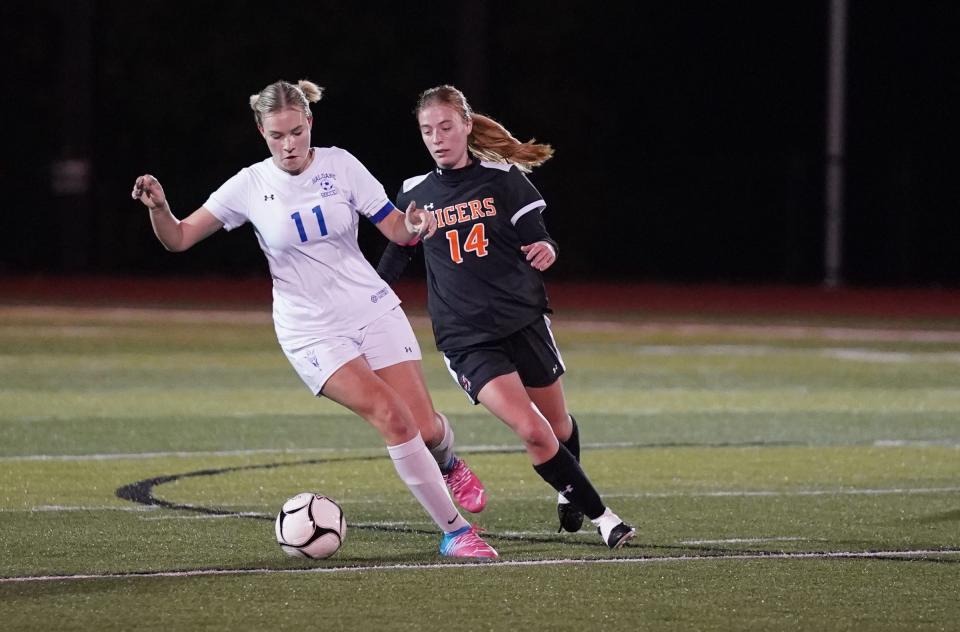 Haldane's Chloe Rowe (11) works the ball during their 3-1 win over Tuckahoe to claim the Section 1 Class C soccer championship title at Nyack High School in Nyack on Saturday, October 29, 2022.