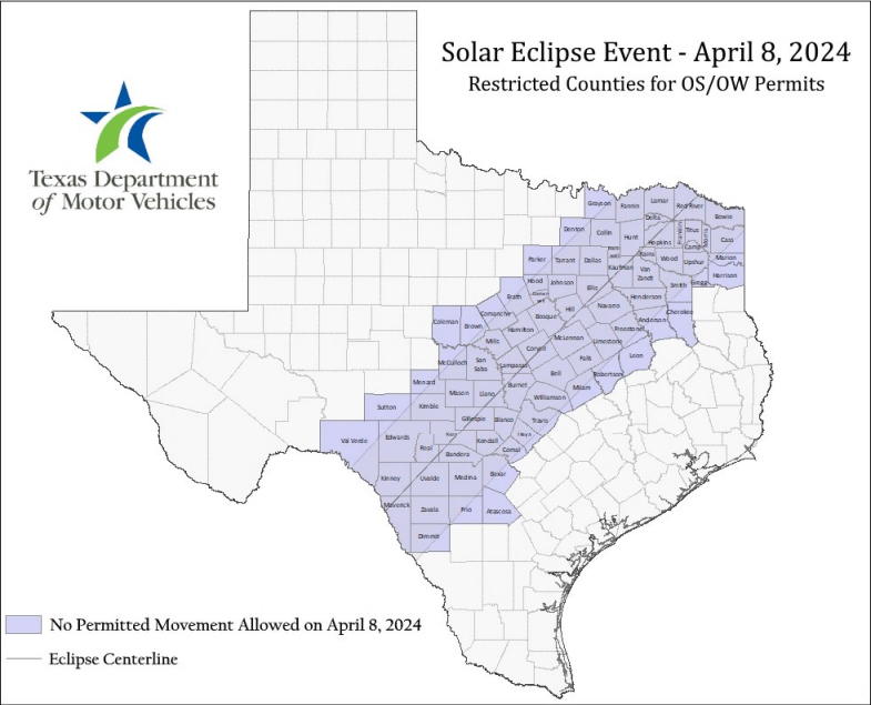 The Texas DMV has restricted overweight and oversized trucks from highways within and near the path of totality on April 8.