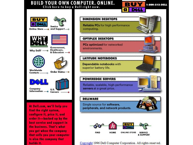 color-coded text boxes and icons on the Dell website in 1996