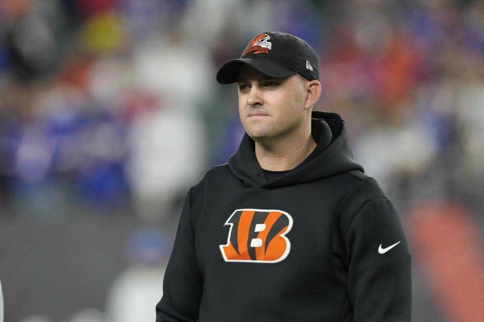 Cincinnati Bengals head coach Zac Taylor watches before an NFL football game against the Buffalo Bills, Monday, Jan. 2, 2023, in Cincinnati. (AP Photo/Jeff Dean)