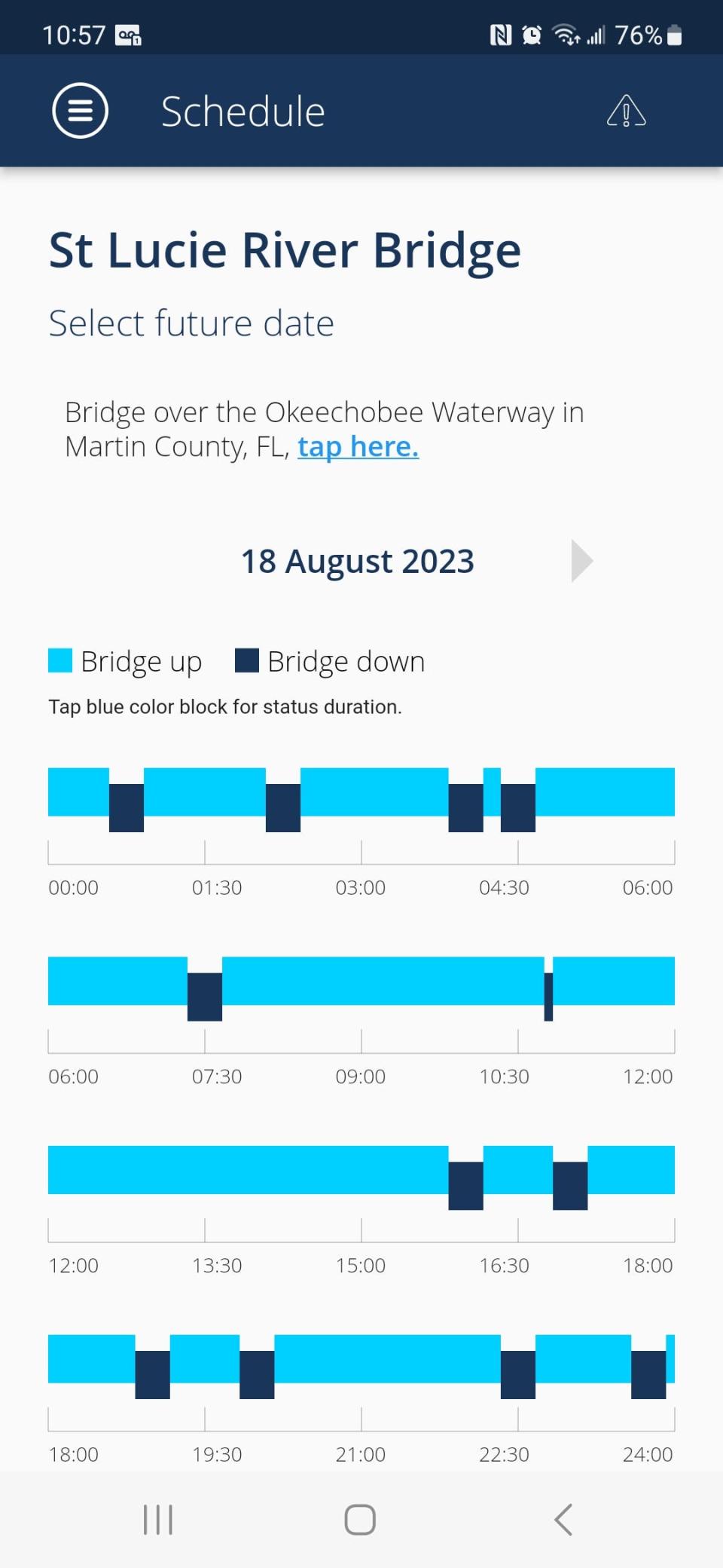 This is a screenshot of the Stuart railroad bridge schedule from an app developed and made live by Brightline and FEC Railway announced Aug. 18, 2023.