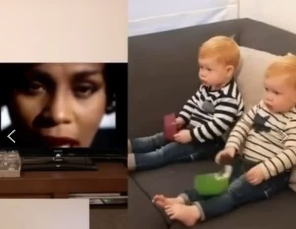  惠妮休斯頓的「I Will Always Love You」MV讓雙胞胎小男生「大吃一驚」了。（圖／翻攝自Babiesmata　ig）