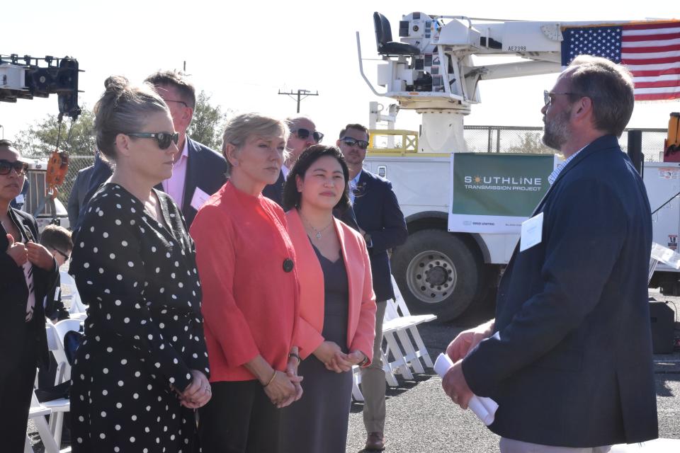 Southline Transmission project leaders discuss the project with U.S. Secretary of Energy Jennifer Granholm, Governor Katie Hobbs, and Maria Robinson, the director of the Grid Department Office with the Department of Energy in Cochise County, Arizona.