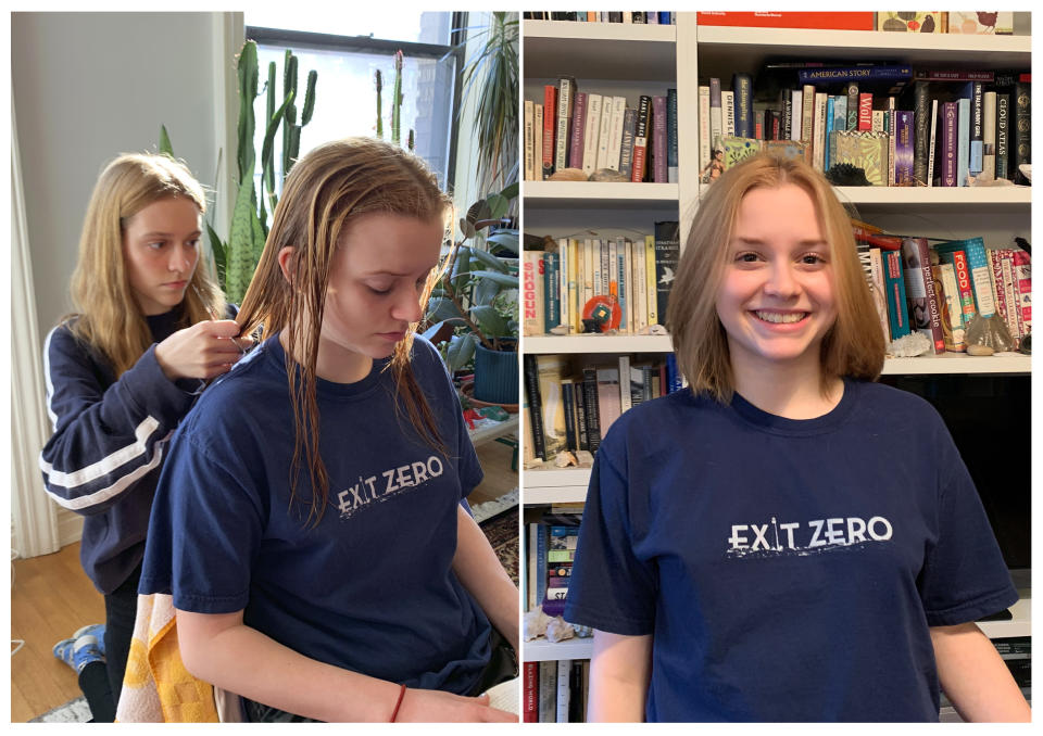 Fiona Hinds cortándole el cabello a su hermana Sophie en su casa de Nueva York el 21 de marzo del 2020. A la derecha, Sophie con el nuevo corte. La foto la suministró Kate Hinds. (Kate Hinds via AP)