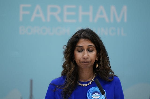 Former home secretary Suella Braverman closes her eyes after securing victory 