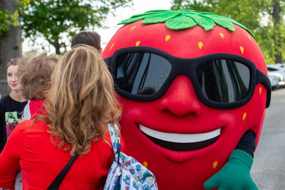 Barry the Strawberry photographed during opening day of the 2023 West Tennessee Strawberry Festival in Humboldt, Tenn. on Monday, May 8, 2023.