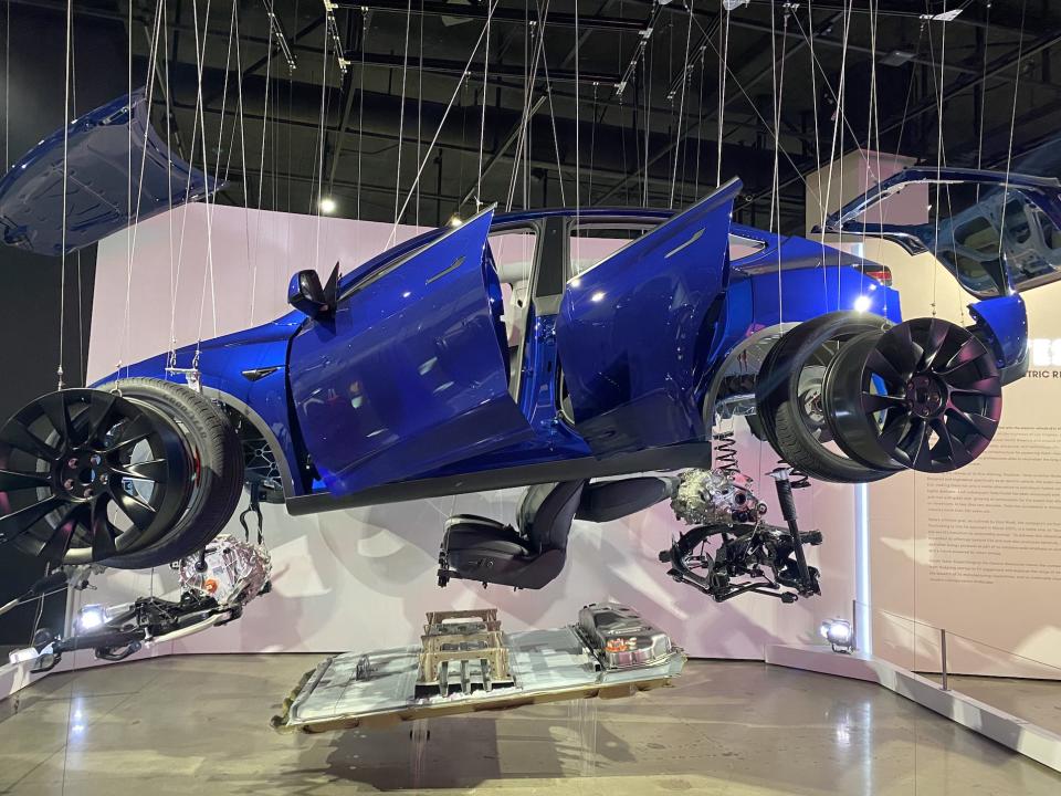 Tesla car parts on display at the Petersen Automotive Museum